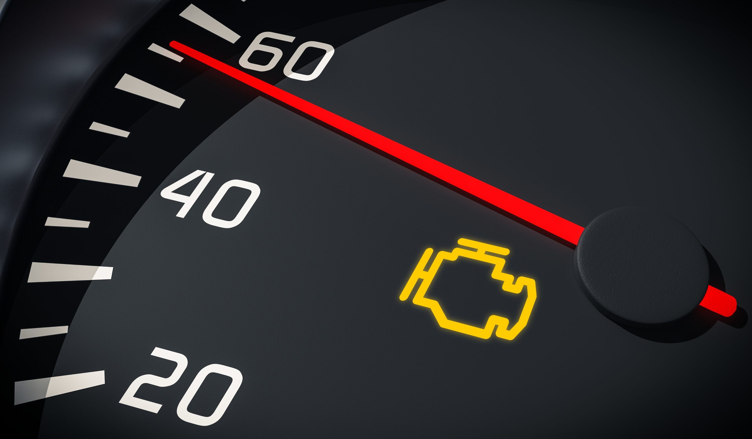 Engine malfunction warning light control in car dashboard. 3D rendered illustration. Close up view.
